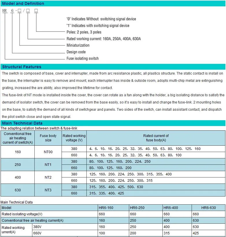 Hr6-400/30 400A 3p Fuse Type Isolation Switch for Circuit Protection